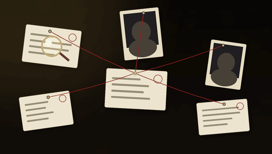 Detective evidence board connecting case files and clues